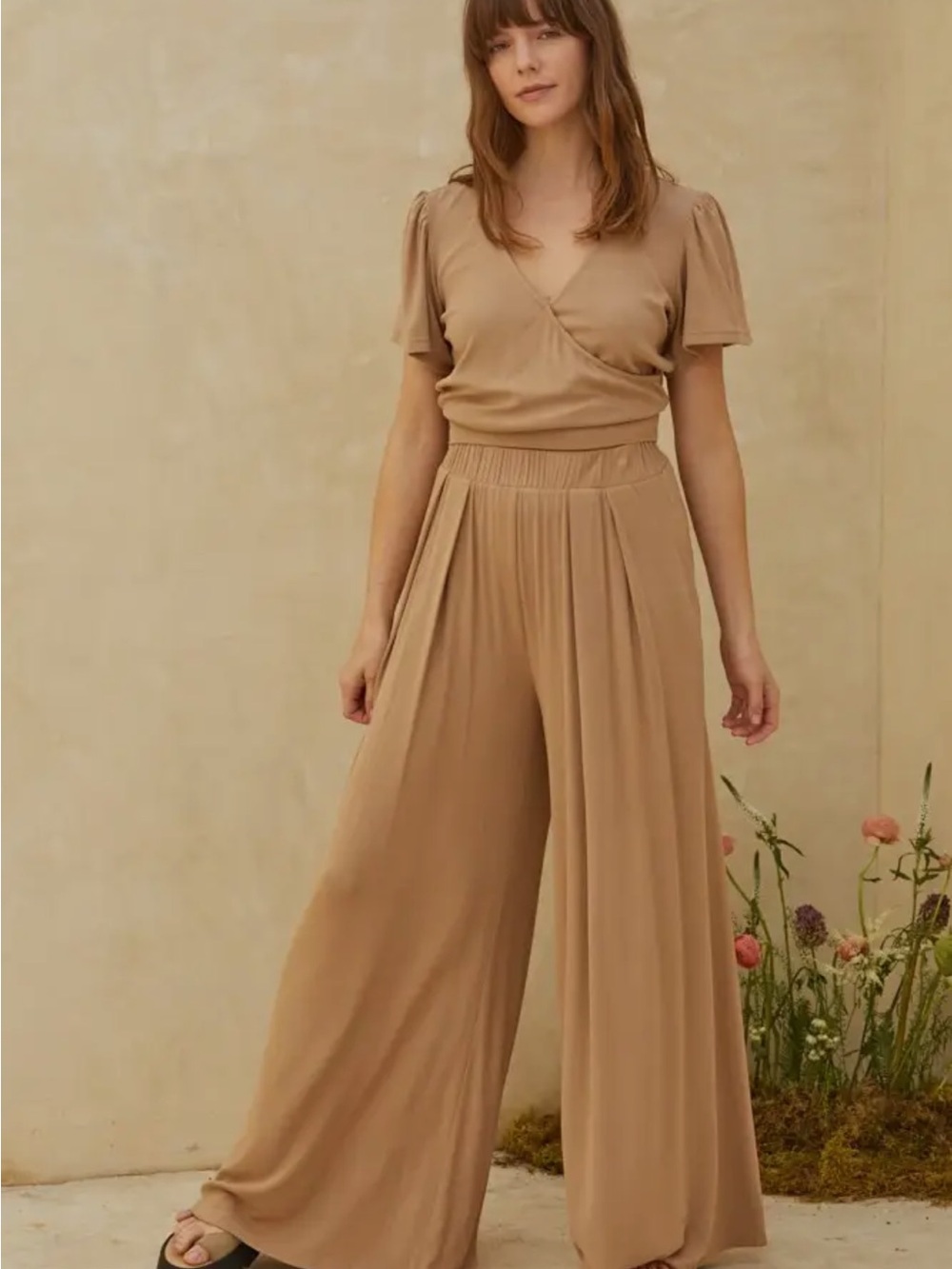 Wide-Leg Tan Palazzo Pant Set for Women